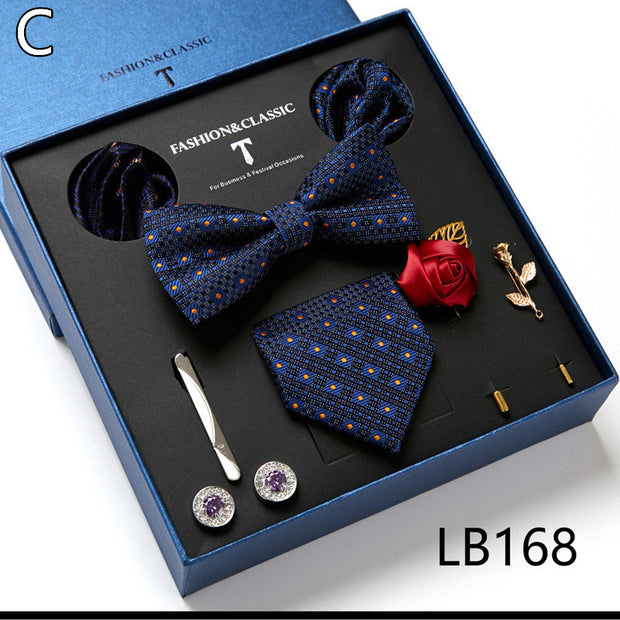 Fashion Business Striped Tie Square Scarf Combo Set
